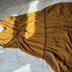 Frank and Oak mustard, tiered, midi dress, with embroidered details